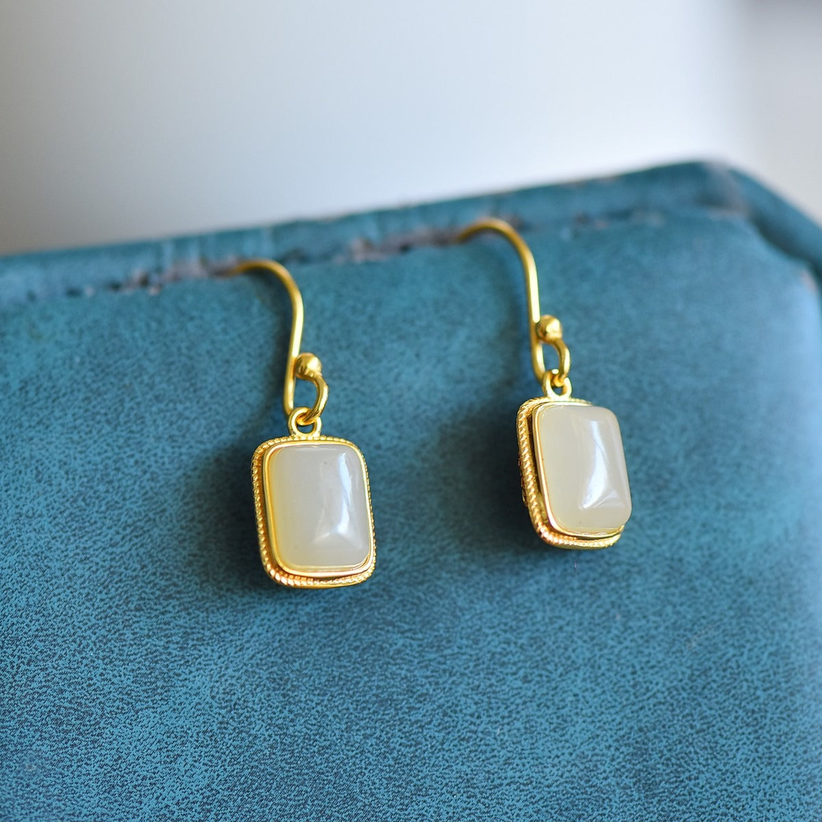 s925 silver-set Hetian jade Qinghai material rectangular enamel Jadeite Earrings · Size 6×8