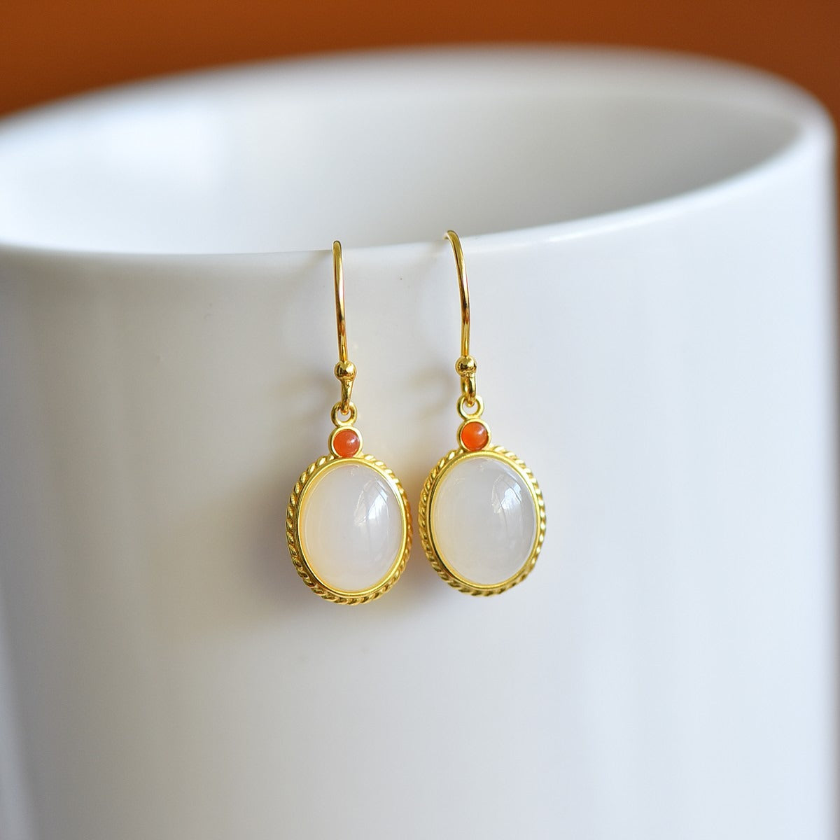 s925 silver-set Hetian jade Qinghai material with Southern red agate Jadeite Earrings · Size 8×10