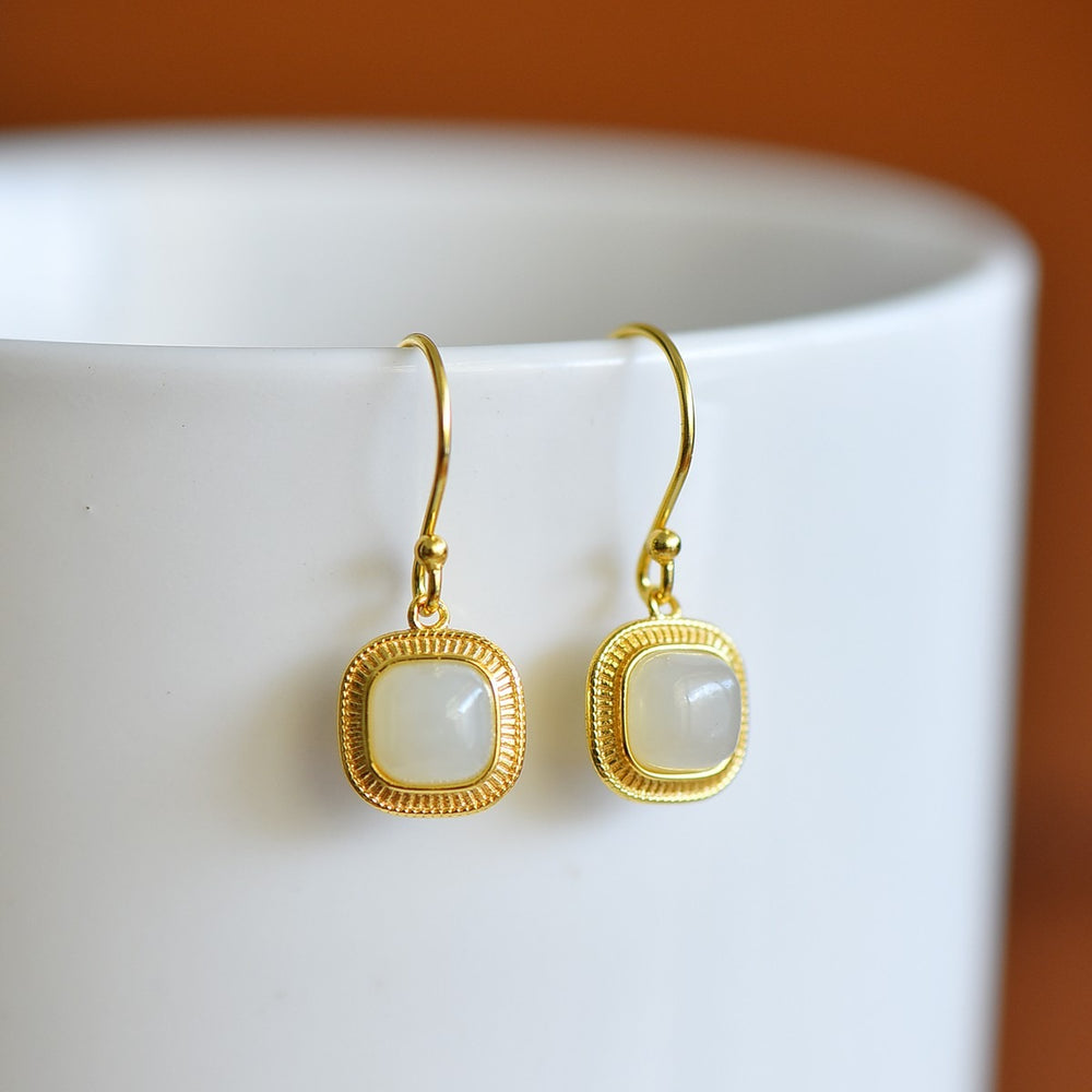 s925 silver-set Hetian jade square domed design plain silver Jadeite Earrings · Size 6×6