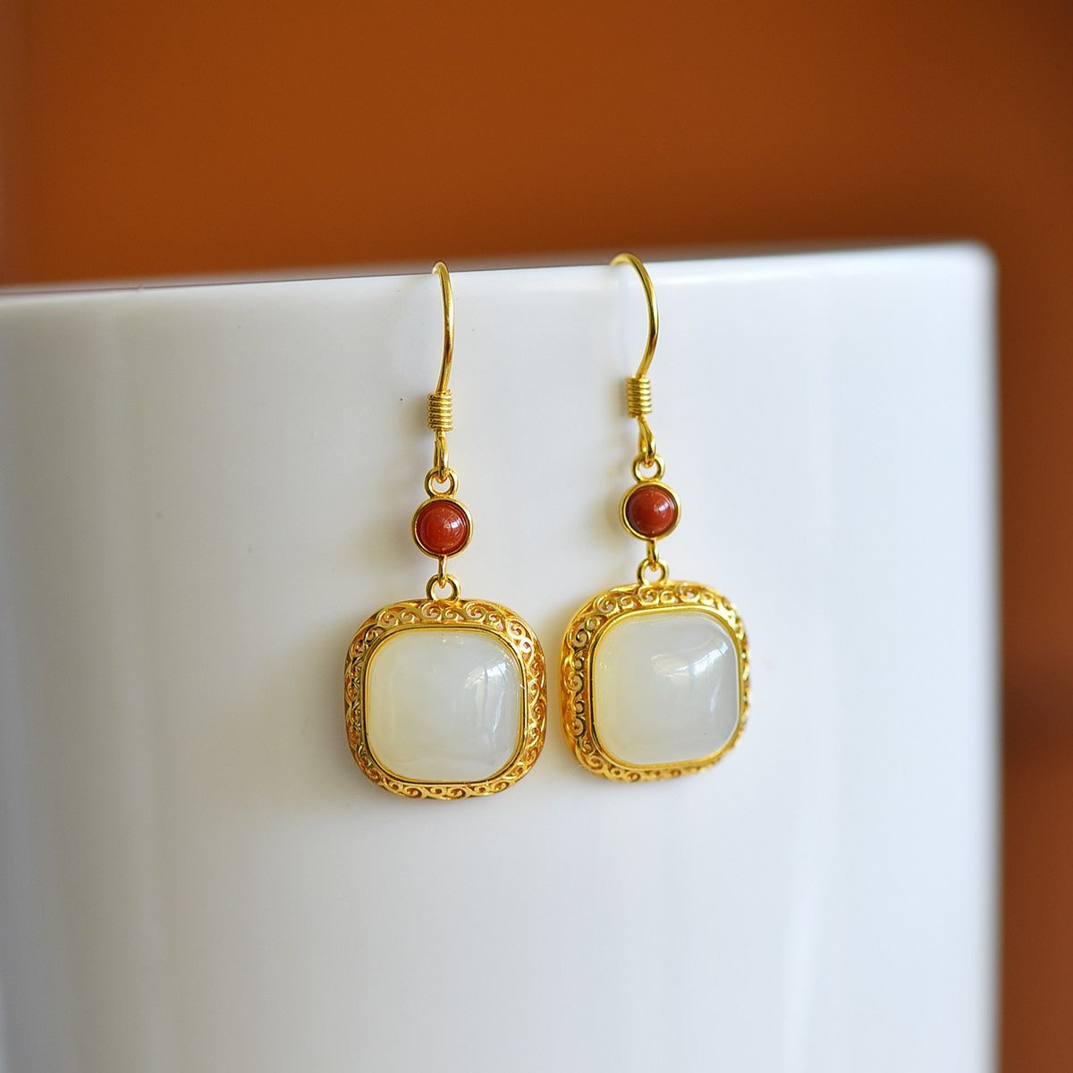 s925 silver-set Hetian jade square domed design with Southern red agate Jadeite Earrings · Size 10×10