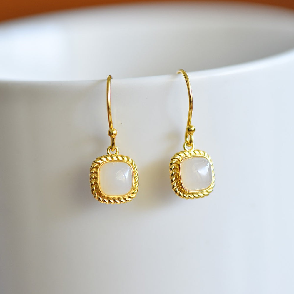 s925 silver-set Hetian jade square domed design plain silver Jadeite Earrings · Size 6×6