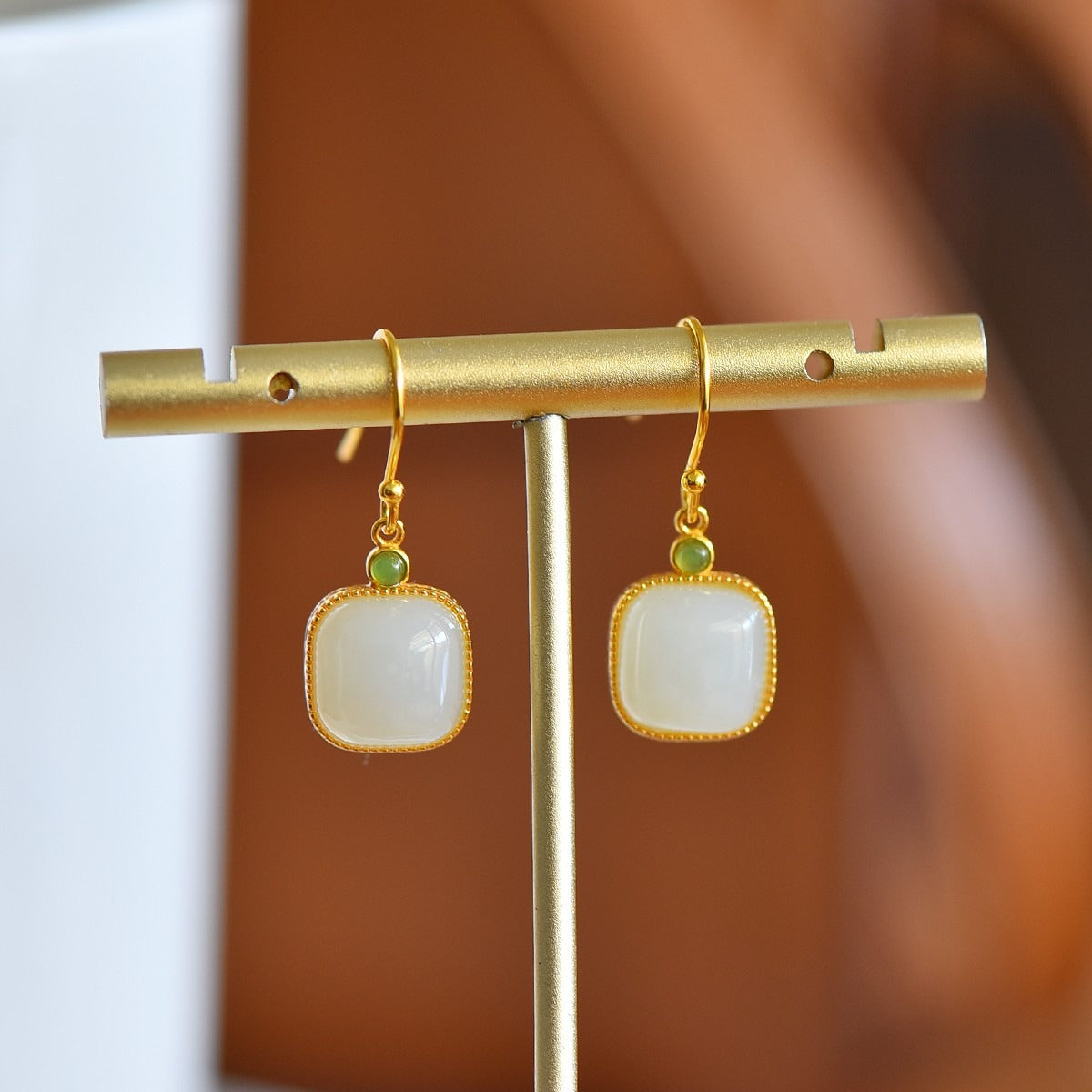 s925 silver-set Hetian jade square domed design Jadeite Earrings · Size 8×8
