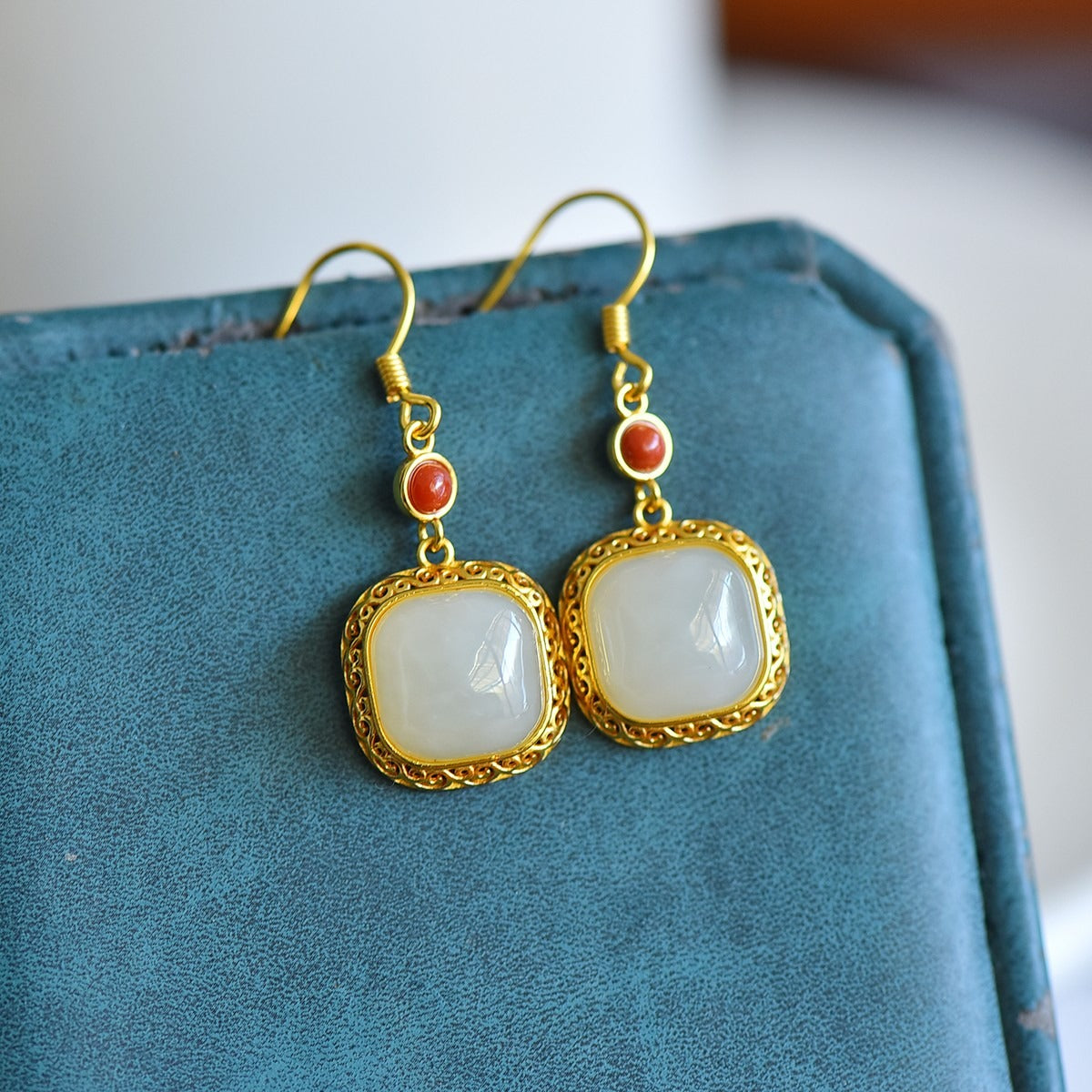 s925 silver-set Hetian jade square domed design with Southern red agate Jadeite Earrings · Size 10×10