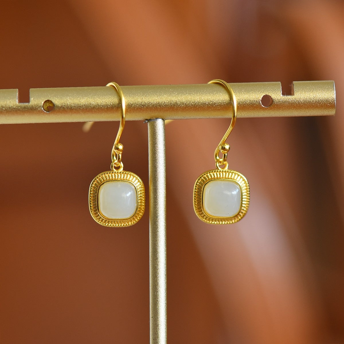 s925 silver-set Hetian jade square domed design plain silver Jadeite Earrings · Size 6×6