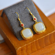 s925 silver-set Hetian jade square domed design with Southern red agate Jadeite Earrings · Size 10×10