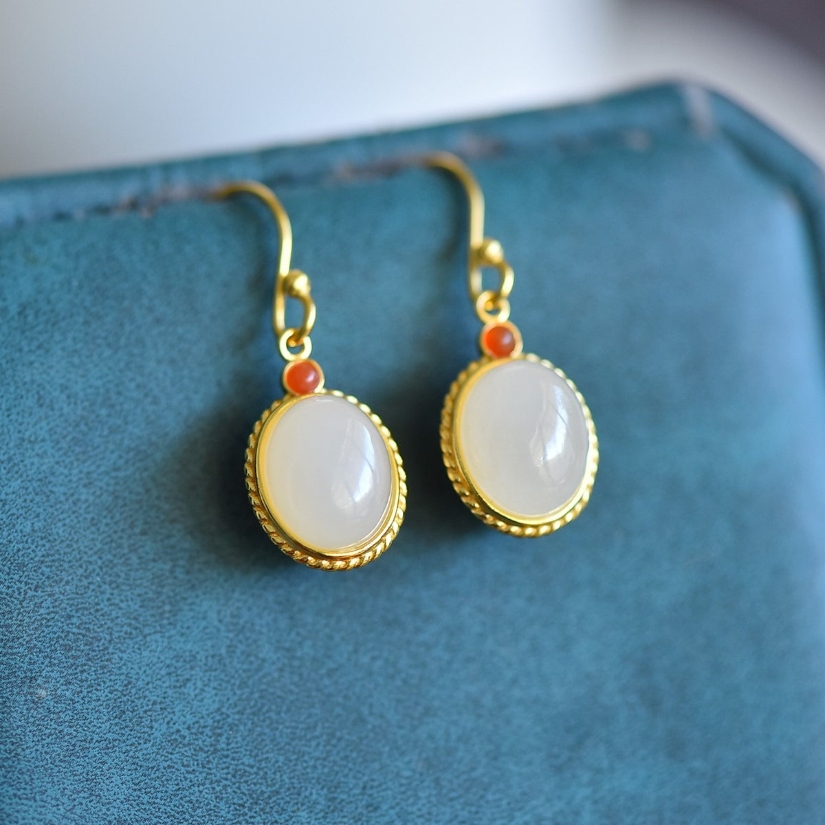 s925 silver-set Hetian jade Qinghai material with Southern red agate Jadeite Earrings · Size 8×10