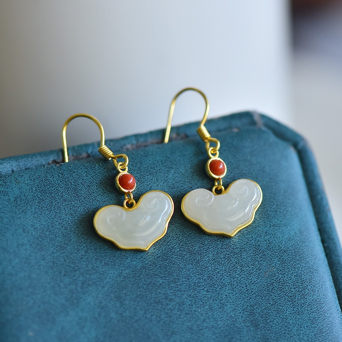 s925 silver-set Hetian jade with Southern red agate Jadeite Earrings · Size 9×14