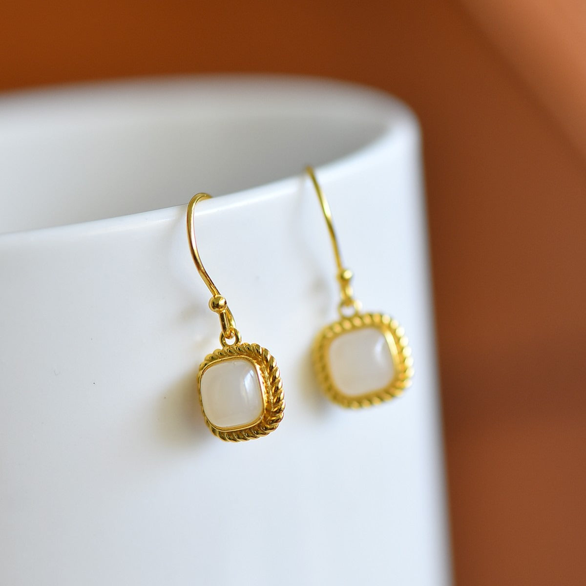 s925 silver-set Hetian jade square domed design plain silver Jadeite Earrings · Size 6×6