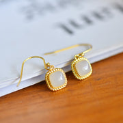 s925 silver-set Hetian jade square domed design plain silver Jadeite Earrings · Size 6×6