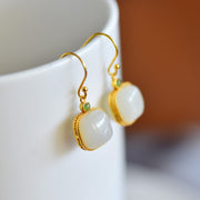 s925 silver-set Hetian jade square domed design Jadeite Earrings · Size 8×8