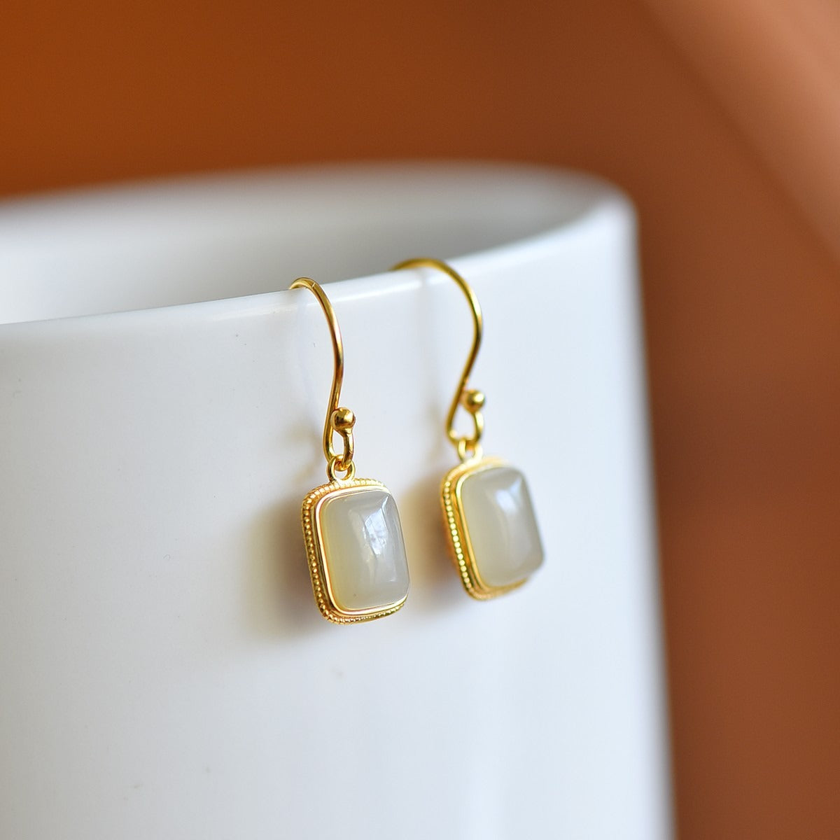 s925 silver-set Hetian jade Qinghai material rectangular enamel Jadeite Earrings · Size 6×8