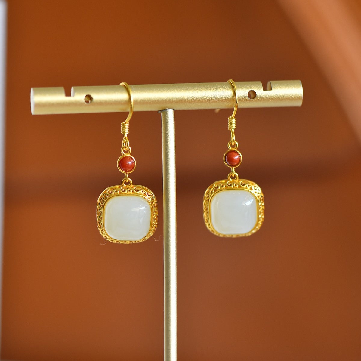 s925 silver-set Hetian jade square domed design with Southern red agate Jadeite Earrings · Size 10×10