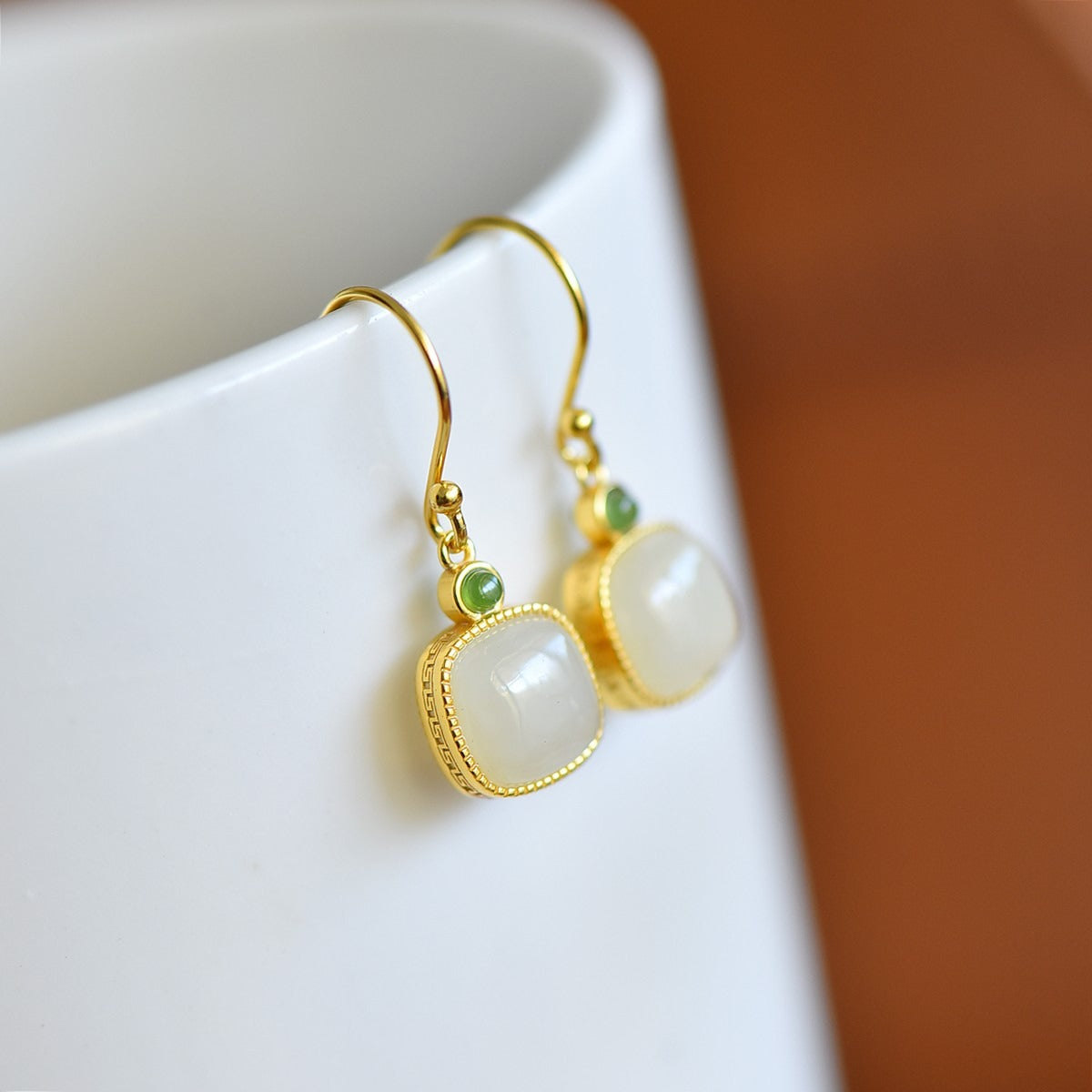 s925 silver-set Hetian jade square domed design Jadeite Earrings · Size 10×10