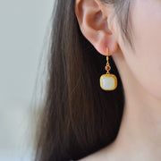 s925 silver-set Hetian jade square domed design with Southern red agate Jadeite Earrings · Size 10×10